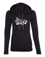 Women's Nebraska Huskers Long Sleeve Hooded Tee Shirt - White Script Huskers Outline