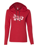 Women's Nebraska Huskers Long Sleeve Hooded Tee Shirt - White Script Huskers Outline