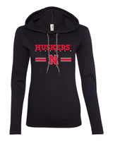 Women's Nebraska Husker Tee Shirt Long Sleeve Hooded - HUSKERS Stripe N