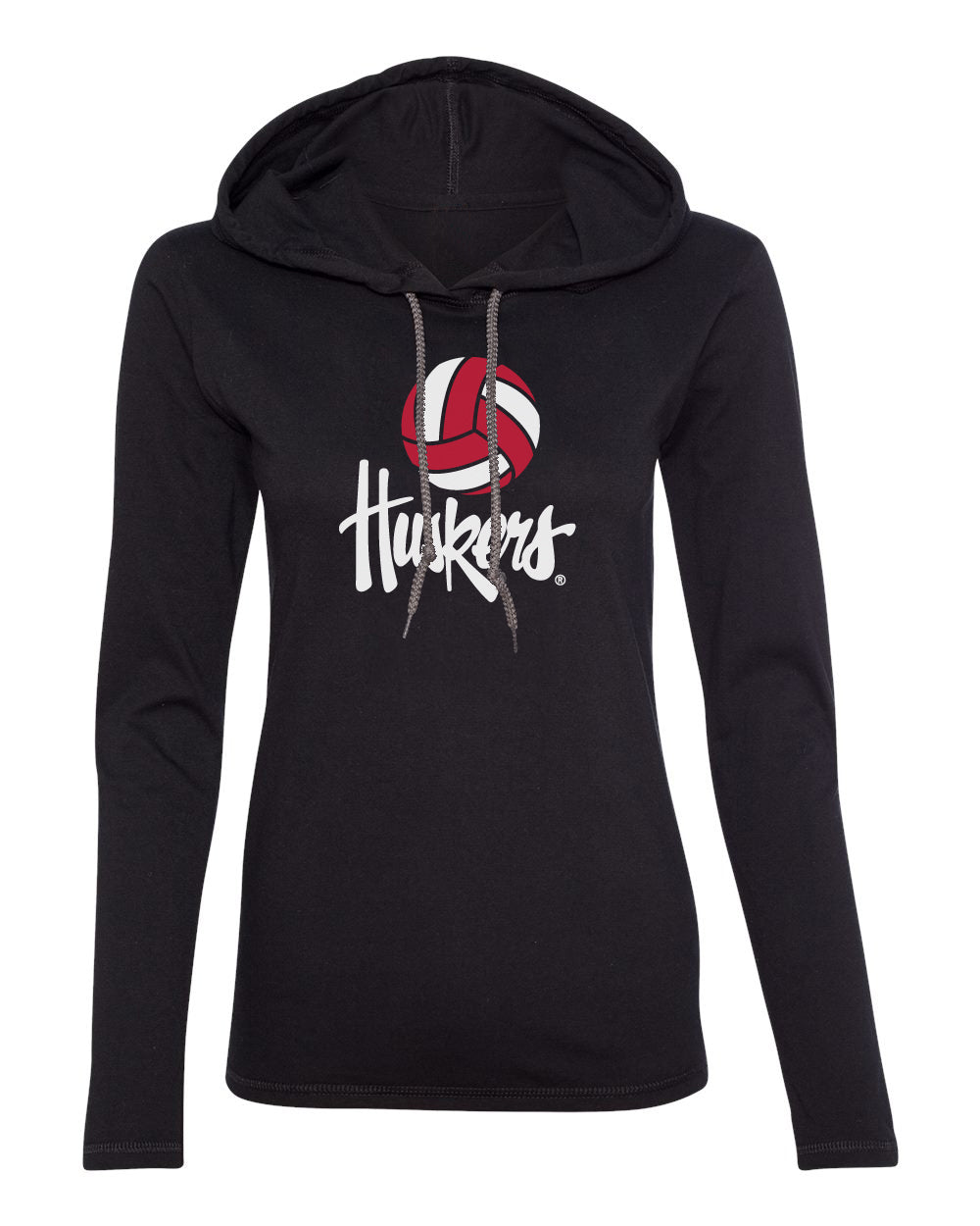 Women's Nebraska Husker Tee Shirt Long Sleeve Hooded - Volleyball Legacy Script Huskers