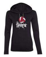 Women's Nebraska Husker Tee Shirt Long Sleeve Hooded - Volleyball Legacy Script Huskers