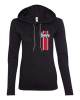 Women's Nebraska Husker Tee Shirt Long Sleeve Hooded - Vertical Stripe Script Huskers