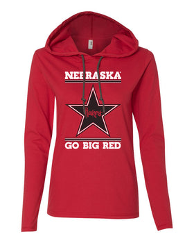 Women's Nebraska Husker Tee Shirt Long Sleeve Hooded - Star Huskers GO BIG RED