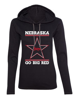 Women's Nebraska Husker Tee Shirt Long Sleeve Hooded - Star Huskers GO BIG RED