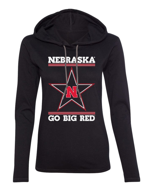 Women's Nebraska Husker Tee Shirt Long Sleeve Hooded - Star N GO BIG RED
