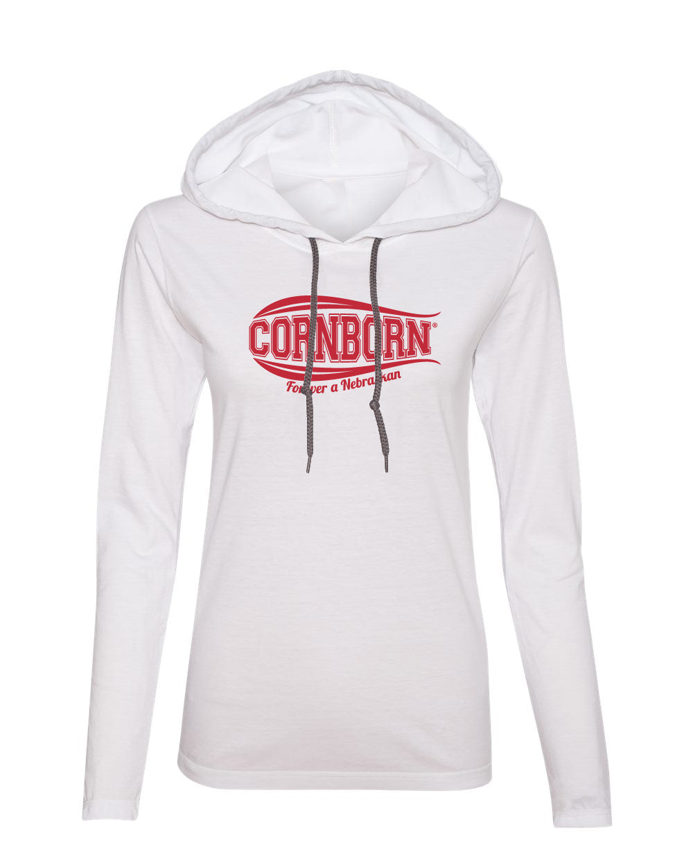 Women's Nebraska Tee Shirt Long Sleeve Hooded - CORNBORN - Forever a Nebraskan