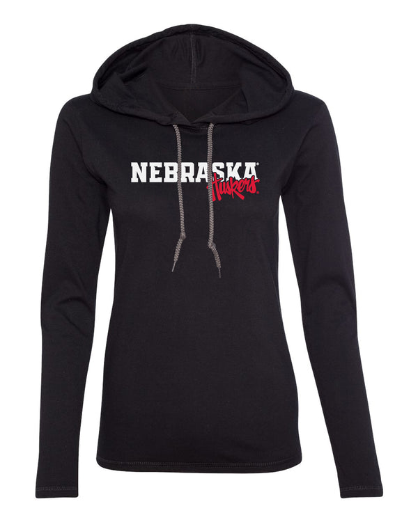 Women's Nebraska Huskers Long Sleeve Hooded Tee Shirt - Nebraska Huskers Script Overlapping