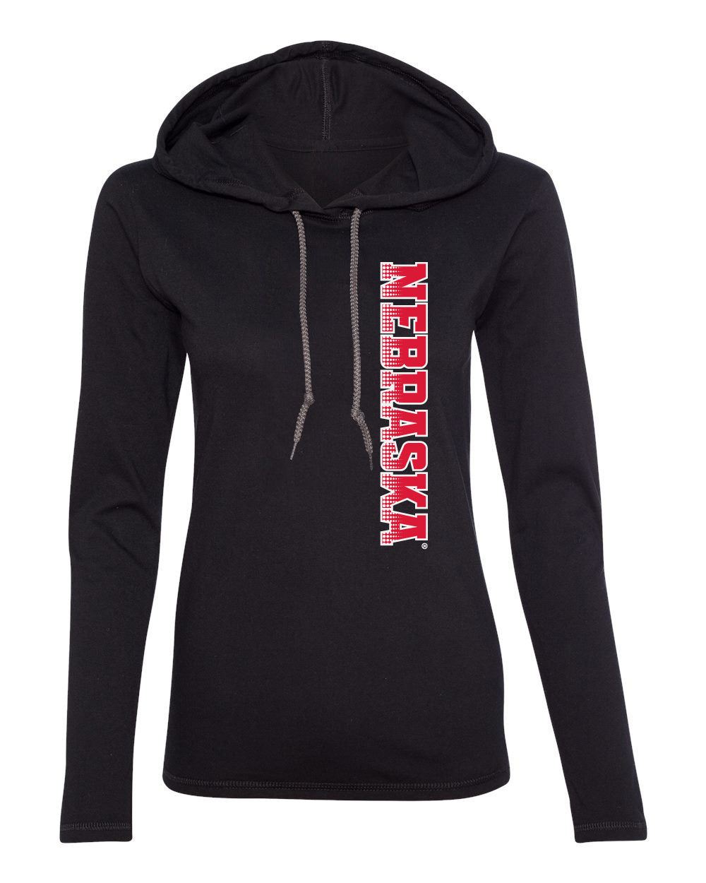 Women's Nebraska Huskers Long Sleeve Hooded Tee Shirt - Vertical Nebraska Red & White Fade