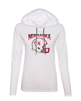 Women's Nebraska Huskers Long Sleeve Hooded Tee Shirt - Nebraska Huskers Football Helmet