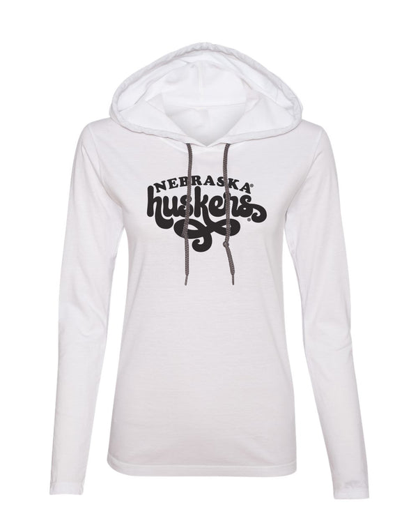 Women's Nebraska Huskers Long Sleeve Hooded Tee Shirt - Retro Nebraska Huskers