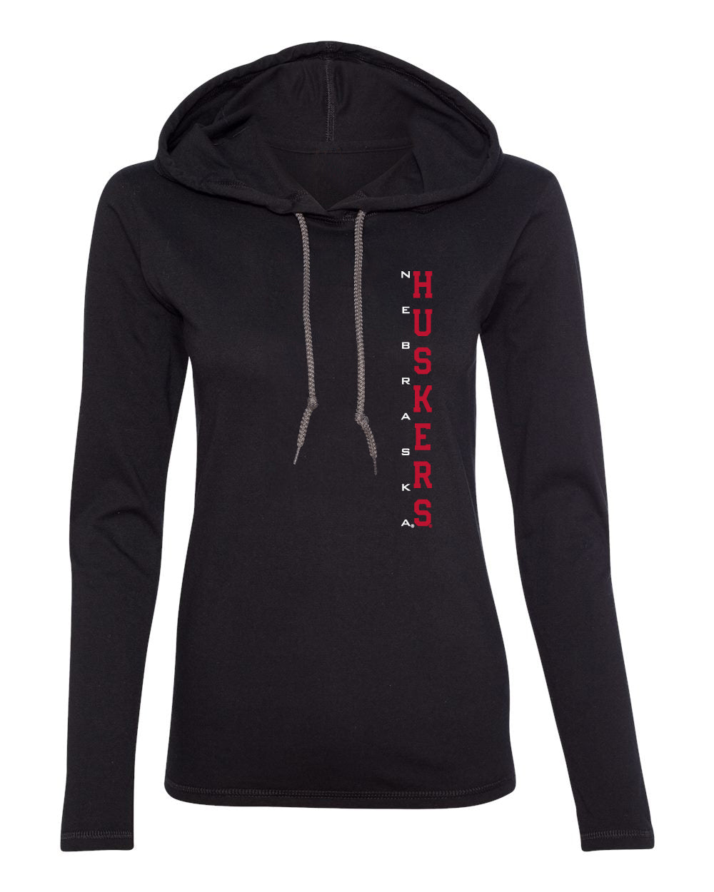 Women's Nebraska Huskers Long Sleeve Hooded Tee Shirt - Vertical Nebraska Huskers