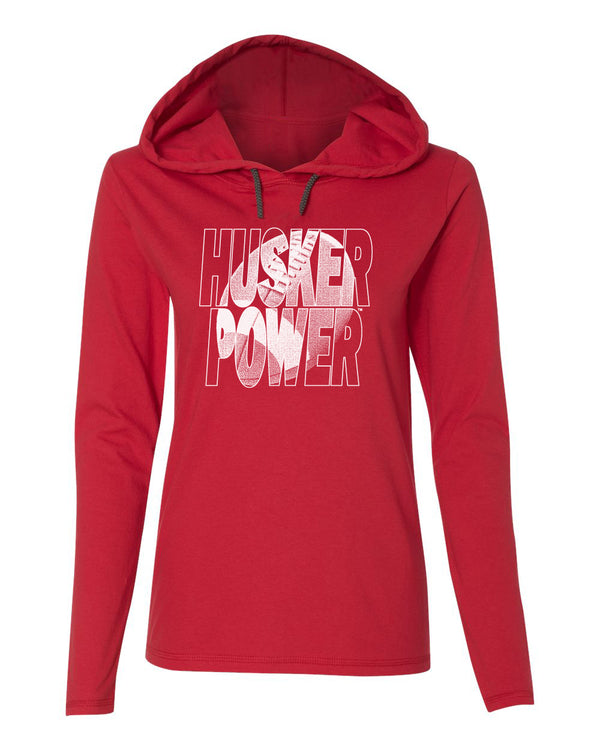 Women's Nebraska Huskers Long Sleeve Hooded Tee Shirt - Husker Power Football