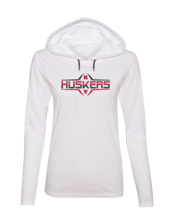 Women's Nebraska Huskers Long Sleeve Hooded Tee Shirt - Striped HUSKERS Football Laces