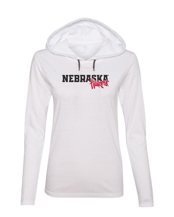 Women's Nebraska Huskers Long Sleeve Hooded Tee Shirt - Script Huskers Overlap Nebraska
