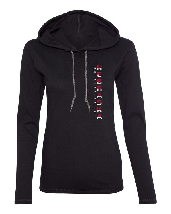 Women's Nebraska Huskers Long Sleeve Hooded Tee Shirt - Striped Vertical University of Nebraska