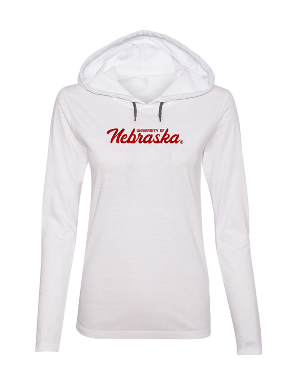 Women's Nebraska Huskers Long Sleeve Hooded Tee Shirt - Red Glitter Sparkle Script Nebraska