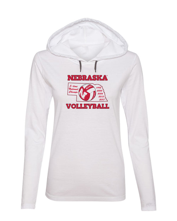 Women's Nebraska Huskers Long Sleeve Hooded Tee Shirt - Huskers Volleyball 5-Time National Champions