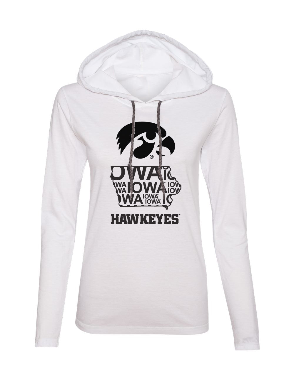 Women's Iowa Long Sleeve Hooded Tee - Iowa Hawkeye State Outline