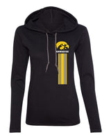 Women's Iowa Hawkeyes Long Sleeve Hooded Tee Shirt - IOWA Hawkeyes Vertical Stripe with Tigerhawk