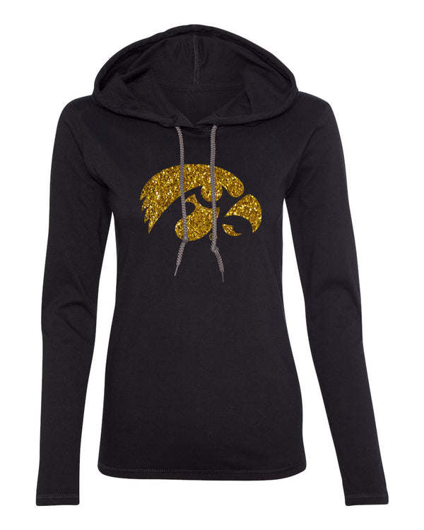 Women's Iowa Hawkeyes Long Sleeve Hooded Tee Shirt - Tigerhawk Logo in Gold Glitter