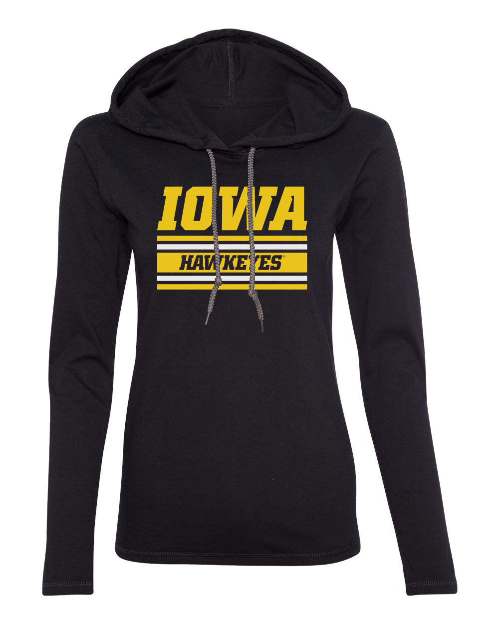 Women's Iowa Hawkeyes Long Sleeve Hooded Tee Shirt - Horizontal Stripe Italic Iowa HAWKEYES