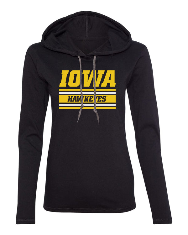 Women's Iowa Hawkeyes Long Sleeve Hooded Tee Shirt - Horizontal Stripe Italic Iowa HAWKEYES