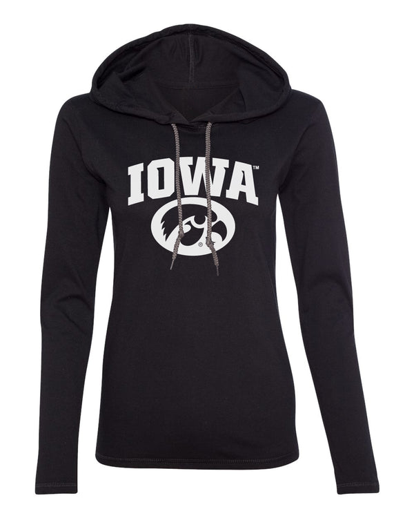 Women's Iowa Hawkeyes Long Sleeve Hooded Tee Shirt - Arched IOWA with Tigerhawk Oval