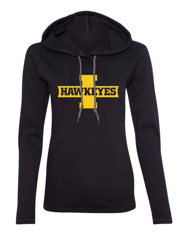 Women's Iowa Hawkeyes Long Sleeve Hooded Tee Shirt - Block I with HAWKEYES