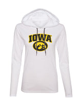 Women's Iowa Hawkeyes Long Sleeve Hooded Tee Shirt - IOWA Oval Tigerhawk on White