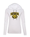 Women's Iowa Hawkeyes Long Sleeve Hooded Tee Shirt - IOWA Oval Tigerhawk on White
