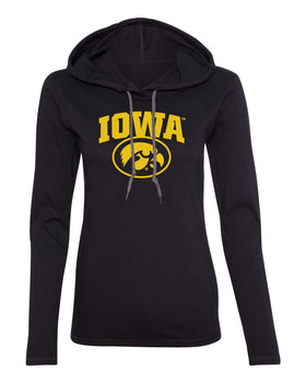 Women's Iowa Hawkeyes Long Sleeve Hooded Tee Shirt - IOWA Oval Tigerhawk on Black