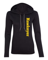 Women's Iowa Hawkeyes Long Sleeve Hooded Tee Shirt - Vertical Offset Hawkeyes
