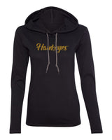 Women's Iowa Hawkeyes Long Sleeve Hooded Tee Shirt - Script Hawkeyes in Gold Glitter