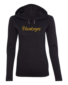 Women's Iowa Hawkeyes Long Sleeve Hooded Tee Shirt - Script Hawkeyes in Gold Glitter