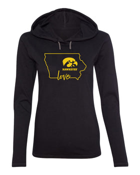 Women's Iowa Hawkeyes Long Sleeve Hooded Tee Shirt - Hawkeyes Love State Outline