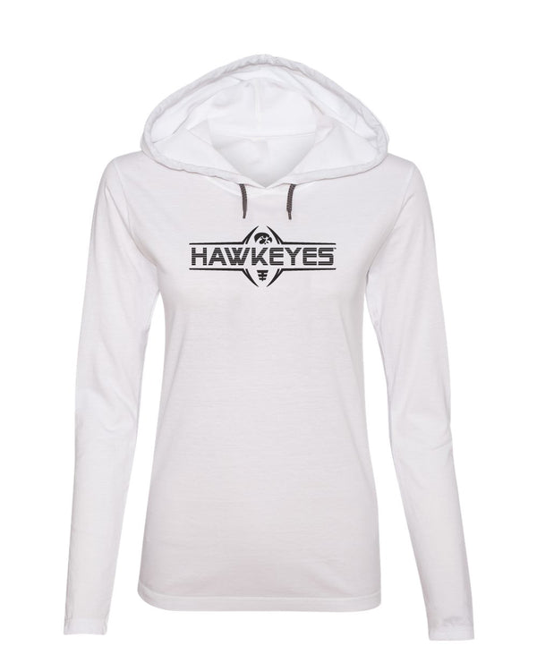 Women's Iowa Hawkeyes Long Sleeve Hooded Tee Shirt - Striped HAWKEYES Football Laces