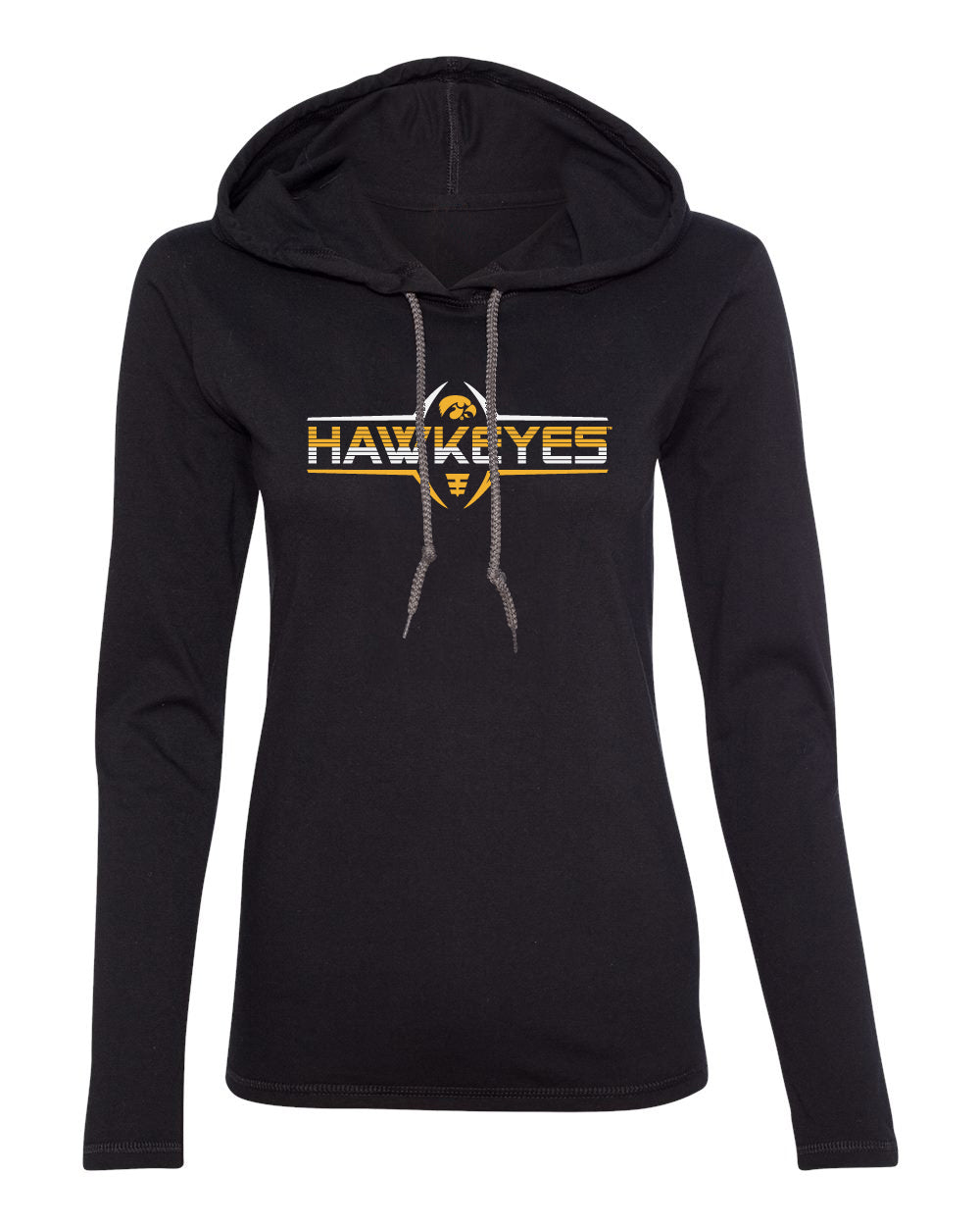 Women's Iowa Hawkeyes Long Sleeve Hooded Tee Shirt - Striped HAWKEYES Football Laces