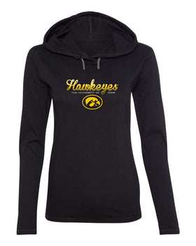 Women's Iowa Hawkeyes Long Sleeve Hooded Tee Shirt - Script Hawkeyes Full Color Fade Oval Tigerhawk