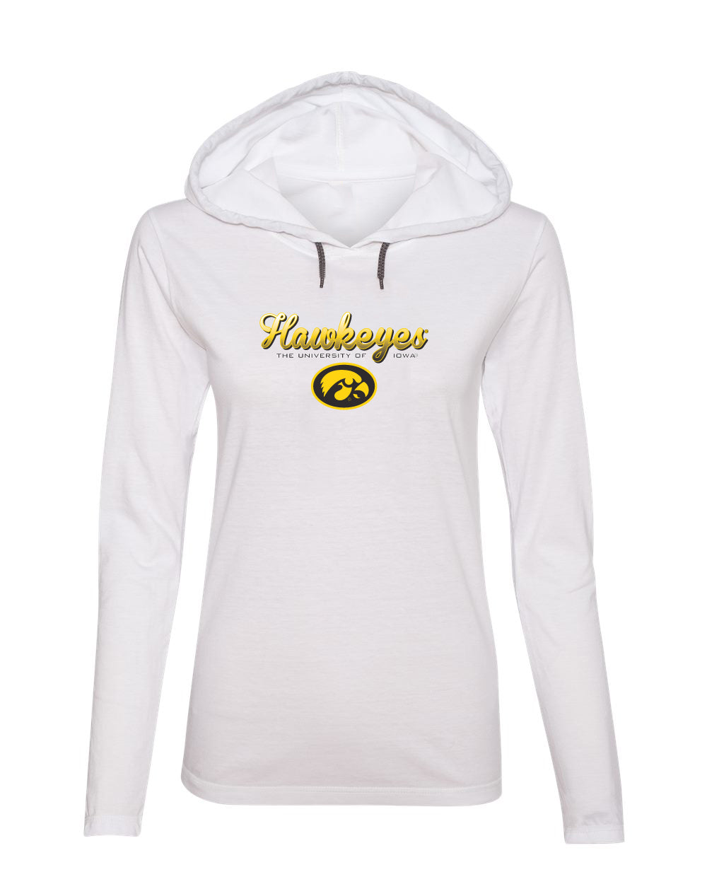 Women's Iowa Hawkeyes Long Sleeve Hooded Tee Shirt - Script Hawkeyes Full Color Fade Oval Tigerhawk