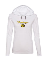 Women's Iowa Hawkeyes Long Sleeve Hooded Tee Shirt - Script Hawkeyes Full Color Fade Oval Tigerhawk