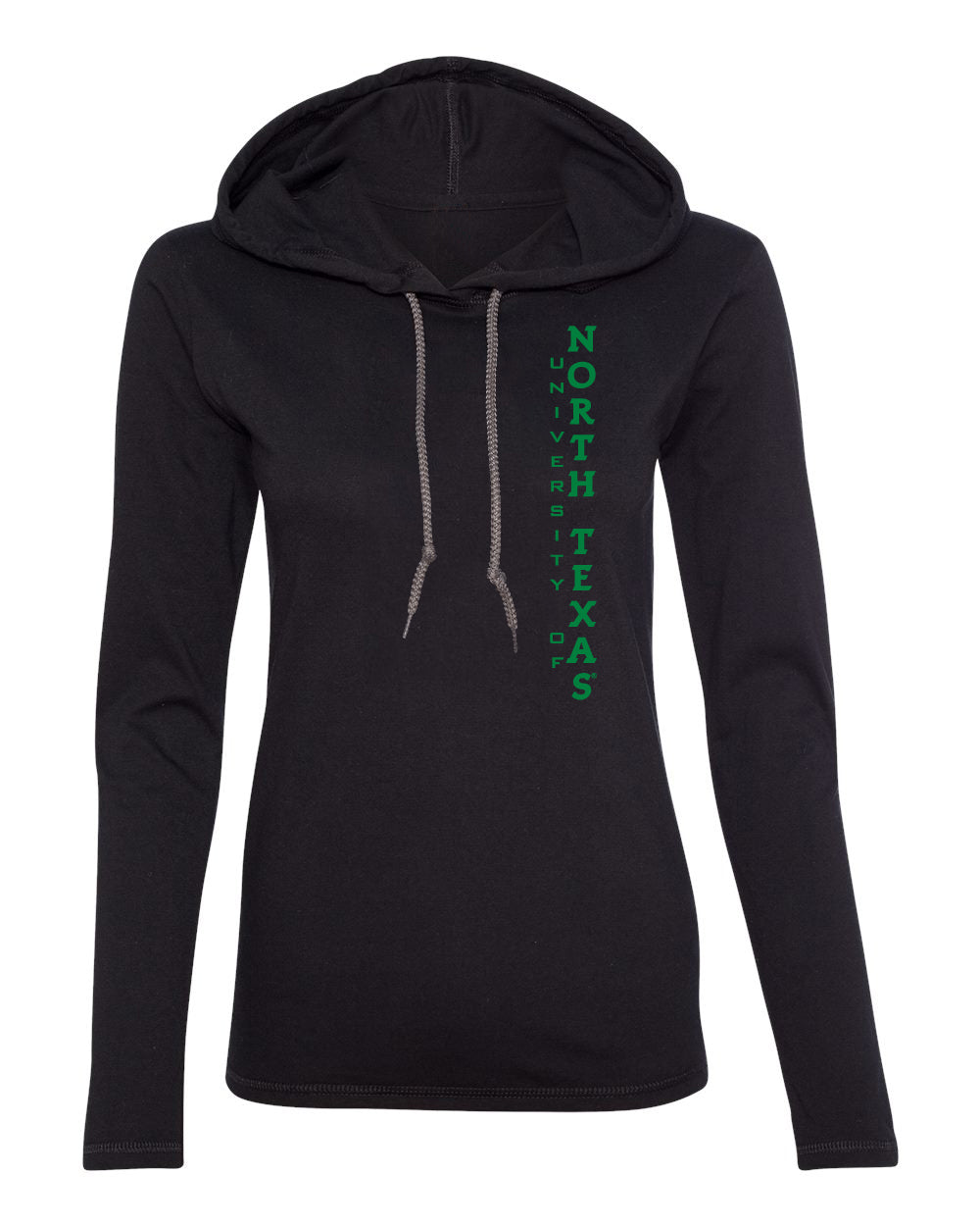 Women's North Texas Mean Green Long Sleeve Hooded Tee Shirt - Vertical University of North Texas