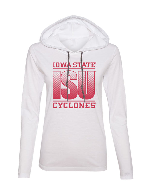 Women's Iowa State Cyclones Long Sleeve Hooded Tee Shirt - ISU Fade Red on White