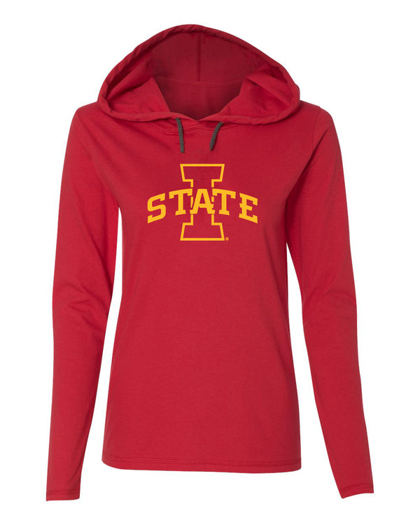 Women's Iowa State Cyclones Long Sleeve Hooded Tee Shirt - I-State Primary Logo Gold Ink