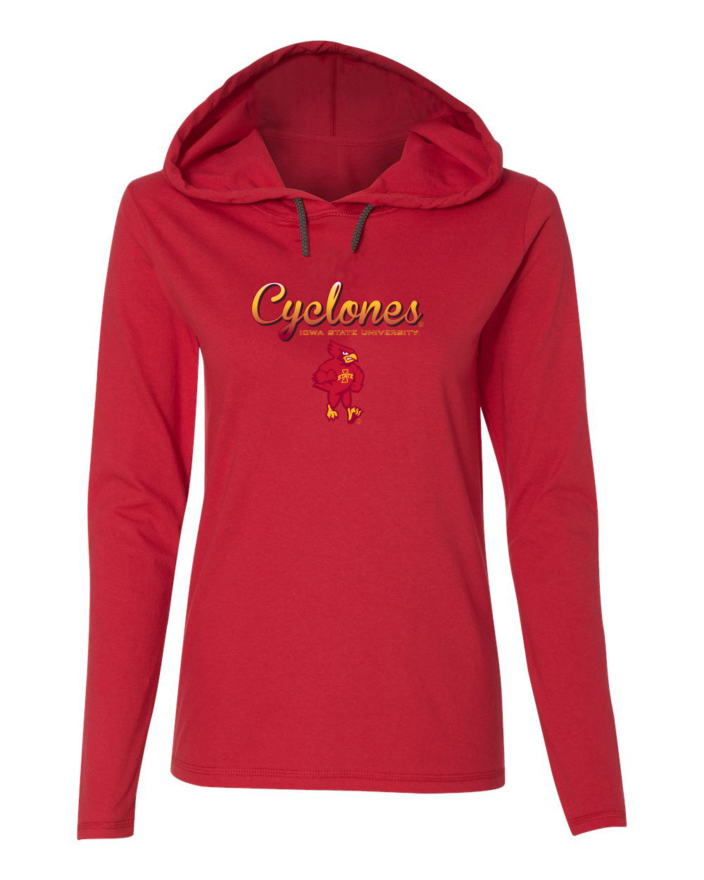 Women's Iowa State Cyclones Long Sleeve Hooded Tee Shirt - Script Cyclones Full Color Fade with Cy