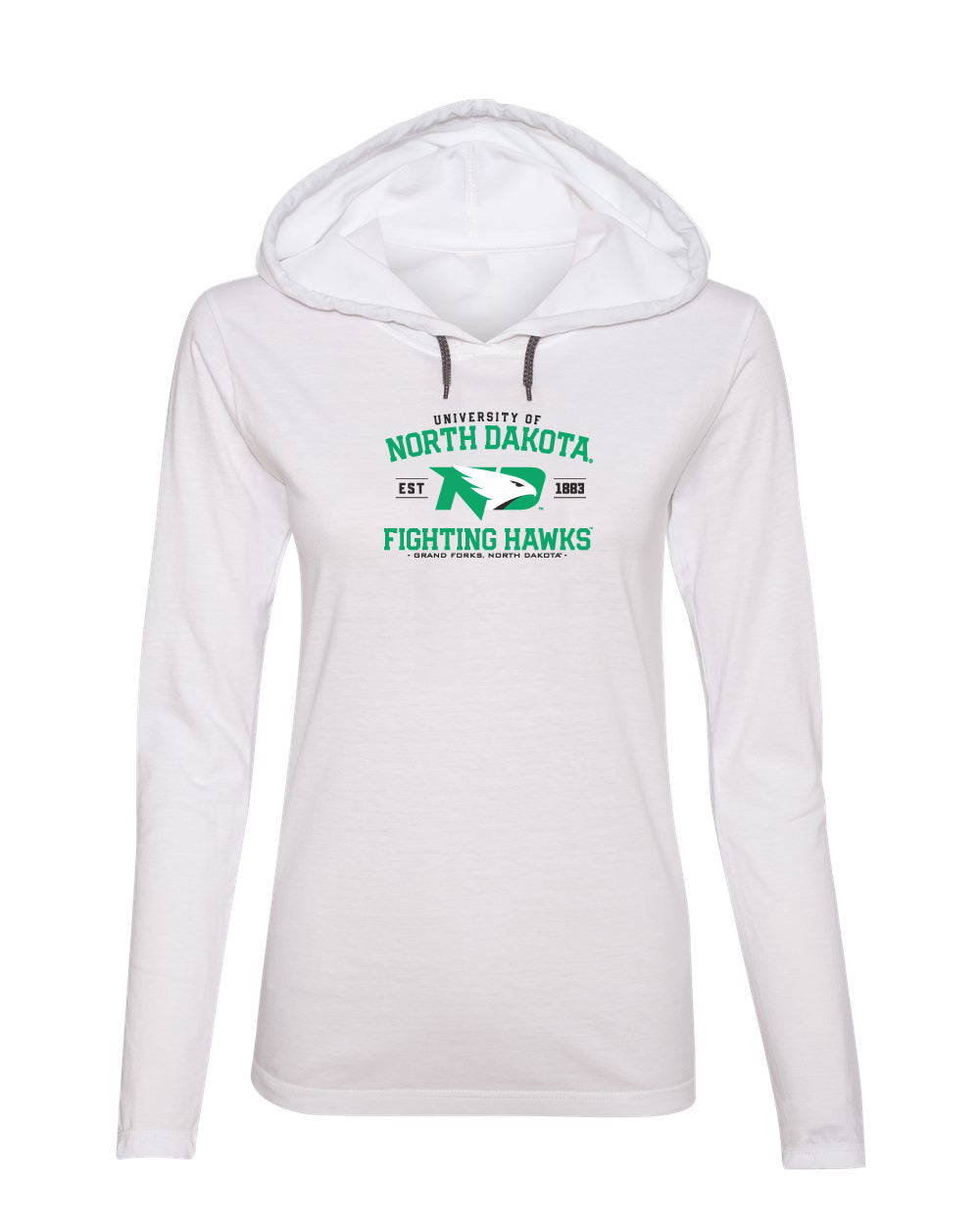 Women's North Dakota Fighting Hawks Long Sleeve Hooded Tee Shirt - North Dakota Arch Primary Logo