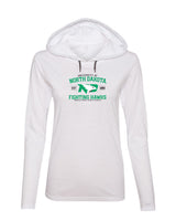 Women's North Dakota Fighting Hawks Long Sleeve Hooded Tee Shirt - North Dakota Arch Primary Logo