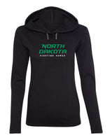 Women's North Dakota Fighting Hawks Long Sleeve Hooded Tee Shirt - Official Stacked UND Word Mark