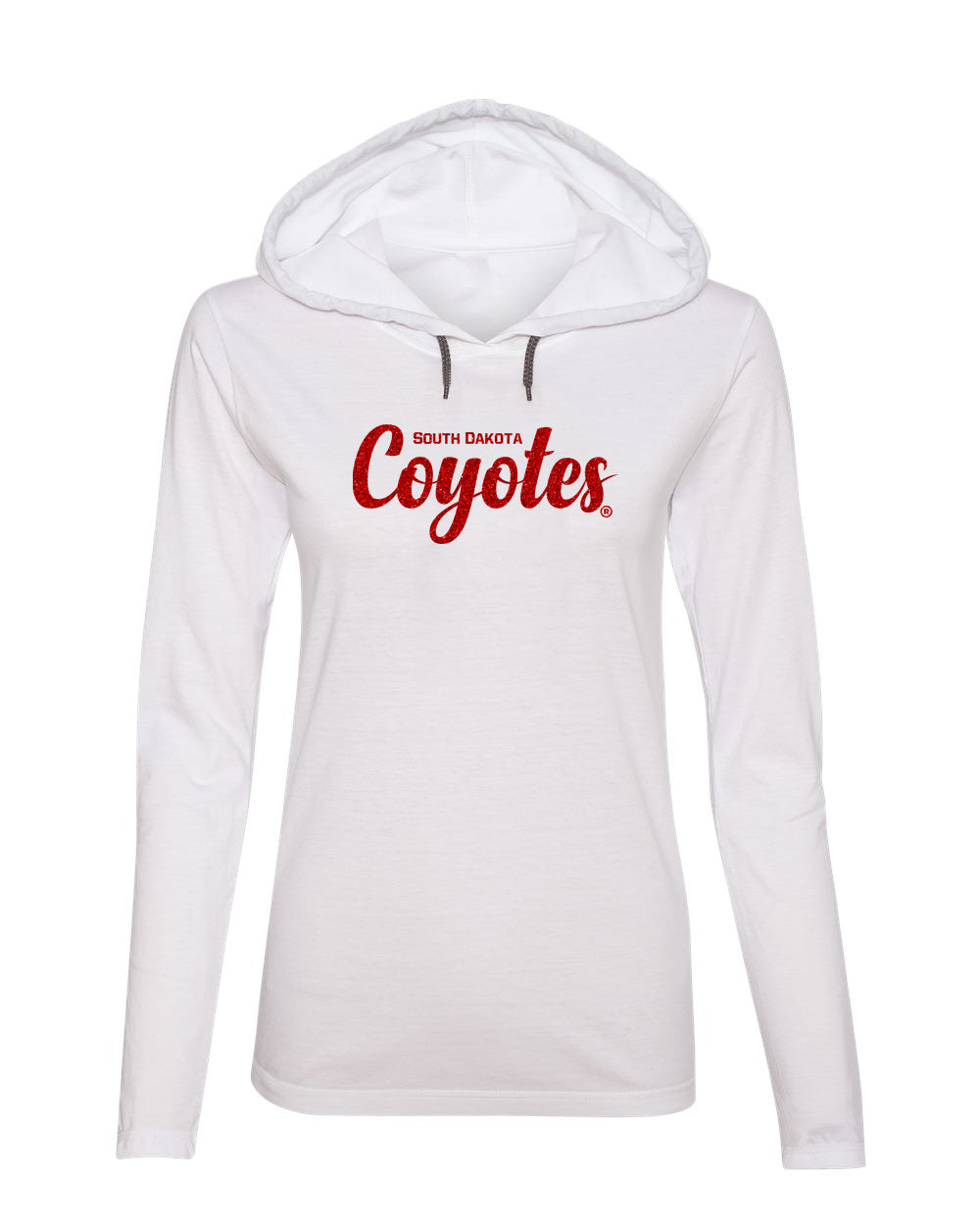 Women's South Dakota Coyotes Long Sleeve Hooded Tee Shirt - Red Glitter Script Coyotes