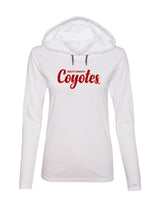 Women's South Dakota Coyotes Long Sleeve Hooded Tee Shirt - Red Glitter Script Coyotes