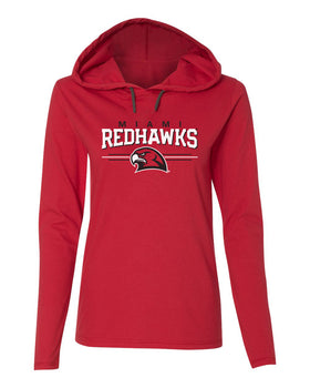 Women's Miami University RedHawks Long Sleeve Hooded Tee Shirt - Hawk Head 3-Stripe
